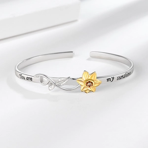 Sunflower Engraved Cuff Bracelet Copper Zircon You Are My Sunshine Adjustable Open Bangle For Women