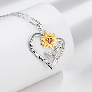 Silver heart sunflower necklace with You are my sunshine engraving and gold floral pendant