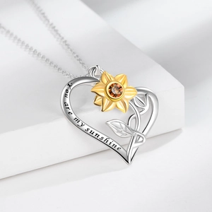 Silver heart sunflower necklace engraved with You are my sunshine for women