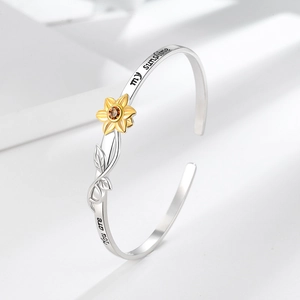 Silver sunflower open bangle with brown zircon and You are my sunshine engraving