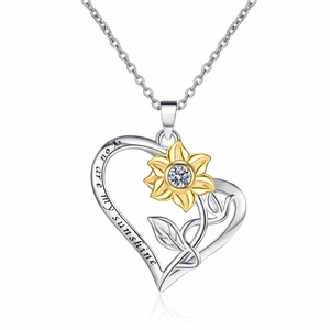 Silver heart sunflower necklace with You are my sunshine engraving and crystal detail