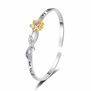 Silver sunflower open bangle with zircon and 'You are my sunshine' engraving