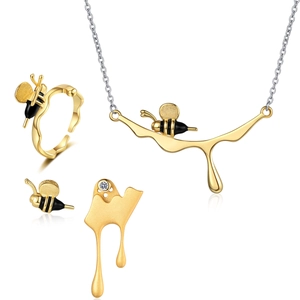 Trendy Bee Necklace Asymmetric Earrings And Adjustable Ring Gold Plated Enamel Honey Drip Jewelry For Women Animal Style