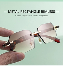 Detailed close-up of rimless polygon sunglasses with metal leopard head decor