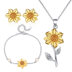 Sunflower Pendant Necklace Bracelet Stud Earrings Set Copper Gold Plated With Zirconia Artificial Pearl Fresh Floral Style For Women