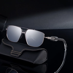 Fashionable square frame sunglasses for men featuring silver mirror lenses and a leather case