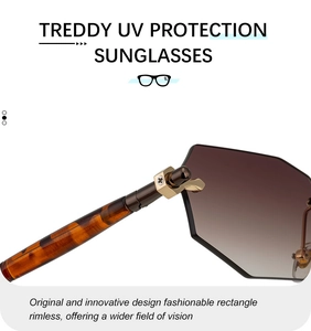 Detail of rimless rectangle sunglasses featuring golden hexagonal nut hardware and tortoiseshell arms