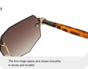 Detail of durable gold metal hinge and tortoiseshell temple on rimless sunglasses