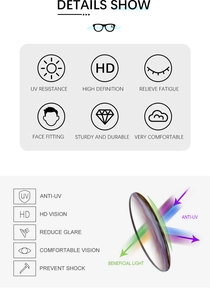 Diagram showing anti-UV protection and HD vision features of square wood grain sunglasses