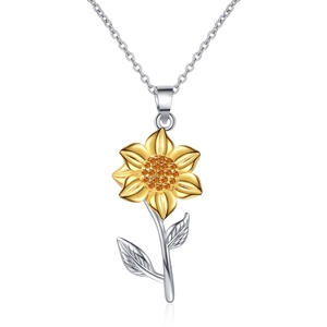 Elegant sunflower necklace with golden petals and orange zircon center on silver chain