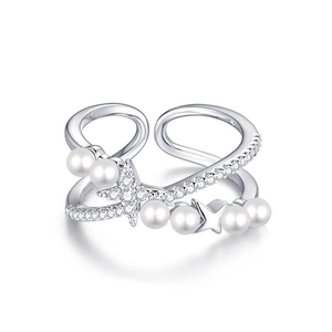 Double Layer Star Artificial Pearl Open Ring Copper Zircon Inlaid Adjustable Fashion Jewelry For Women