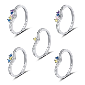 Geometric V Shaped Copper Ring With Colorful Zirconia Micro Paved Rainbow Adjustable Open Finger Jewelry For Women