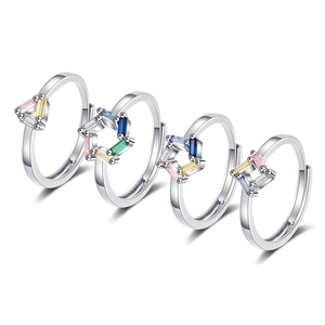 Fashion Colorful Zircon Open Ring Copper Baguette Cut Geometric Minimalist Rainbow Jewelry For Women Adjustable