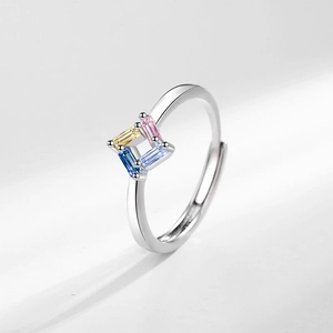 Adjustable silver ring with four colorful rectangular zircons in a square layout