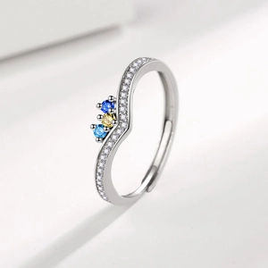 Silver V-shaped wave ring with pave cubic zirconia and multicolor gemstones accents