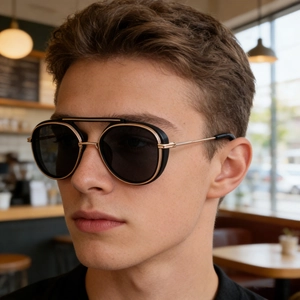 2025 square punk sunglasses for men featuring a black-gold frame with side metal shields