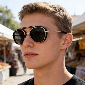 Detail view of retro double bridge sunglasses with black and gold punk style frames