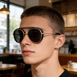 Detail of square steampunk sunglasses with side shields and metal double bridge on male model