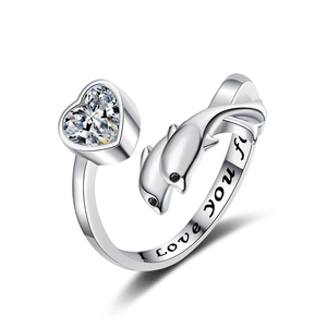 Adjustable whale and heart ring in polished silver with I Love You engraving