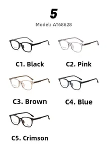 Flat lay of retro square optical frames showing five color options and sleek design