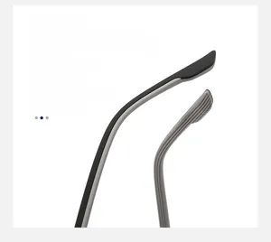 Detail of ergonomic black and gray eyeglass temples with anti-slip texture and curved design