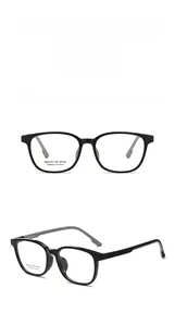 Detail view of stylish square black eyeglass frames with durable metal hinges