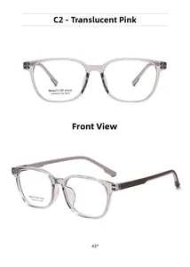 Detailed views of transparent pink square glasses frames with specs print and metal hinges