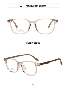 Detail view of transparent brown square optical frames with model specs and side arm accents
