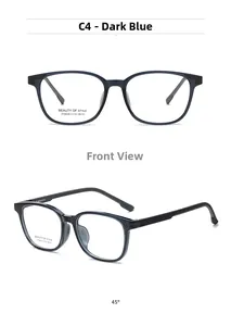 Detail view of dark blue square eyeglass frames showing front and side profile