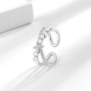 Double-layered star and pearl adjustable open ring in silver with pavé zirconia stones