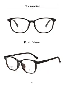 Detailed front and side view of square dark red acetate glasses frame style AT68628