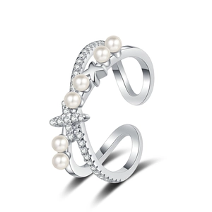 Double-layer star and pearl open adjustable ring with sparkling zircon in silver finish