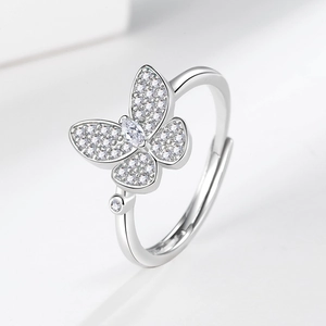 Elegant adjustable silver butterfly ring with sparkling marquise cut cubic zirconia