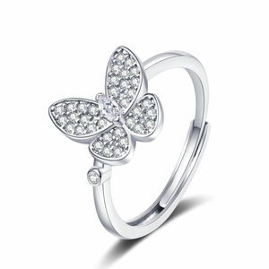 Adjustable silver butterfly ring featuring cubic zirconia pavé setting and marquise stone