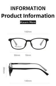Detailed size chart for square optical glasses showing frame width and lens measurements
