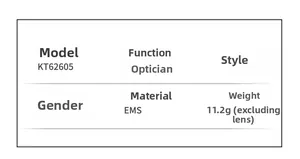 Specifications for KT62605 fashion square optical frame made of lightweight EMS material