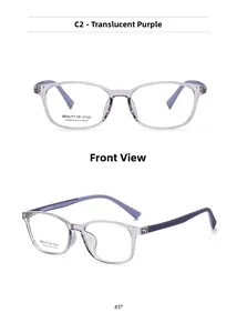 Front and 45-degree side view of translucent purple square frame glasses in detail