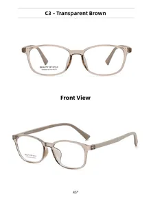Detail view of transparent brown square optical glasses frames showing front and side angles