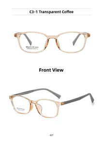 Detail view of transparent coffee square optical frame with grey temples and smooth finish