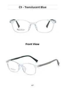 Front and side view of square transparent teal blue optical glasses with gray temples