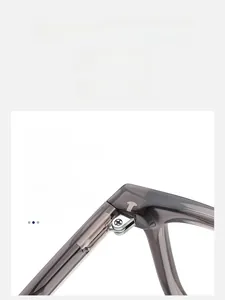 Close-up of durable metal hinge on stylish square grey transparent eyeglasses frame