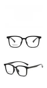 Detail view of glossy black square eyeglasses frame showing dimensions and front profile