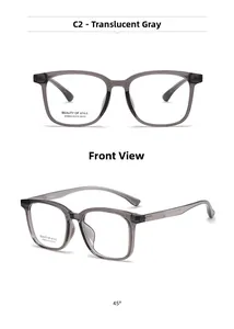 Detailed views of grey translucent square eyewear frame showing front and 45-degree angles