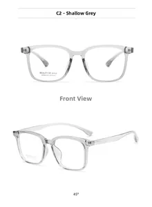 Detailed view of shallow grey square glasses frame with metallic temple accents