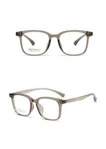 Detail view of transparent brown square eyewear frames showing front and 45-degree angles