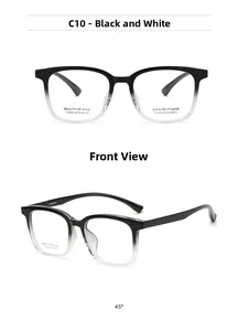 Detail view of square frame glasses with black to clear gradient and model info AT68603