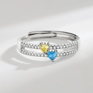 Double layer open ring with heart-cut yellow and blue gems and white zircon inlay