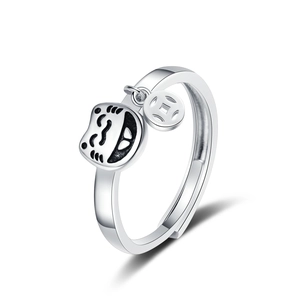 Maneki Neko lucky cat and copper coin adjustable silver ring for women on white background