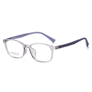 Fashionable square purple transparent optical frames for women from a 45-degree angle view