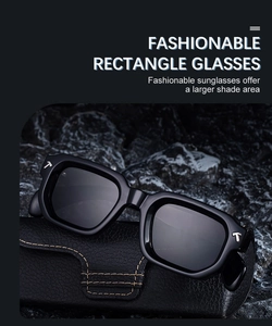 Detail of square black sunglasses with silver T-hinge and premium leather storage case